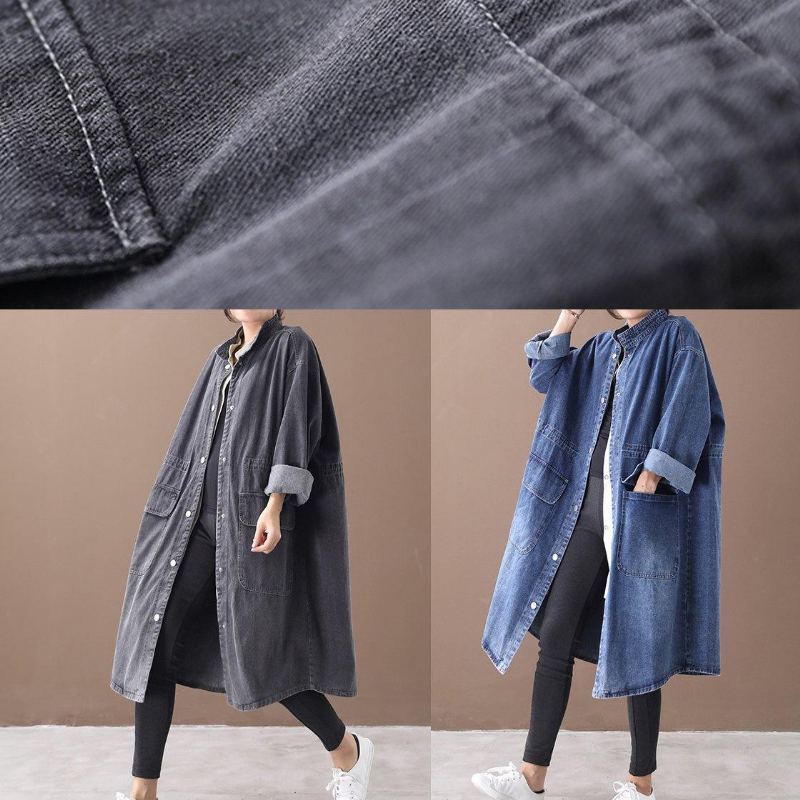 Simple Col Montant Cordon Mode Tunique Manteau Denim Noir Midi Femmes Manteaux - Bleu