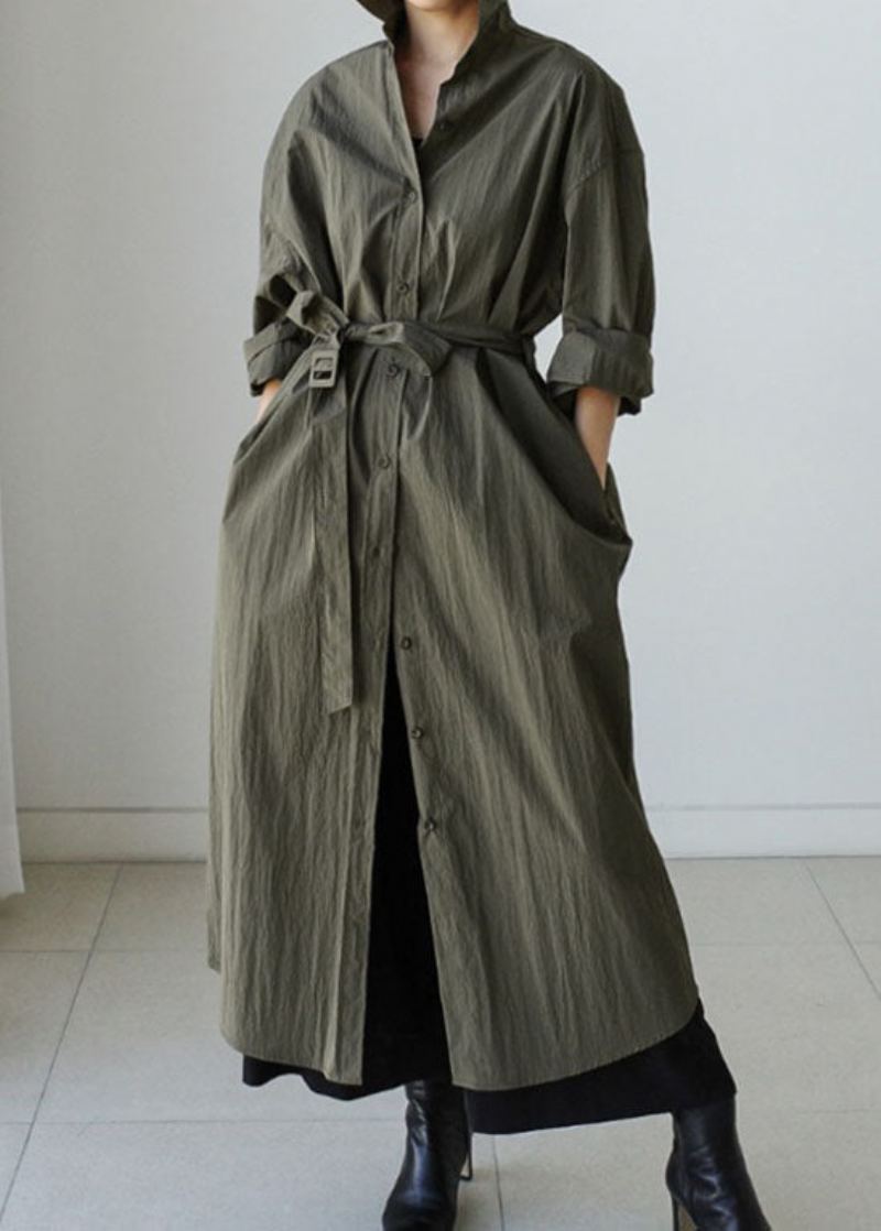 Style Armée Vert Col Claudine Coton Cravate Taille Longue Trench Manteau Printemps