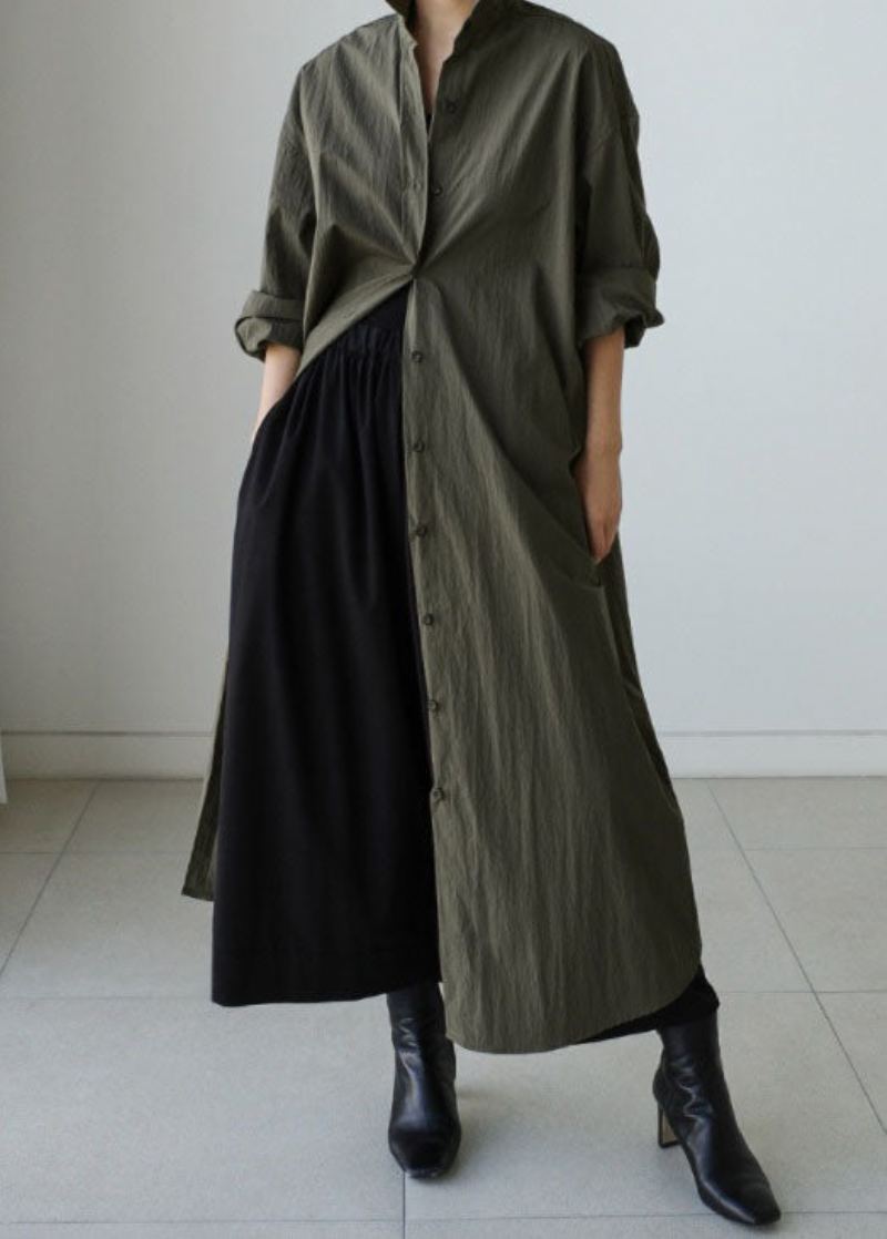 Style Armée Vert Col Claudine Coton Cravate Taille Longue Trench Manteau Printemps - Trenchs femmes