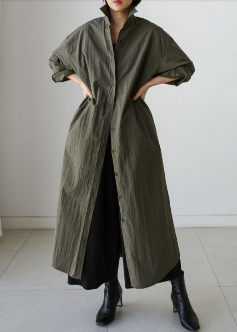 Style Armée Vert Col Claudine Coton Cravate Taille Longue Trench Manteau Printemps - Trenchs femmes