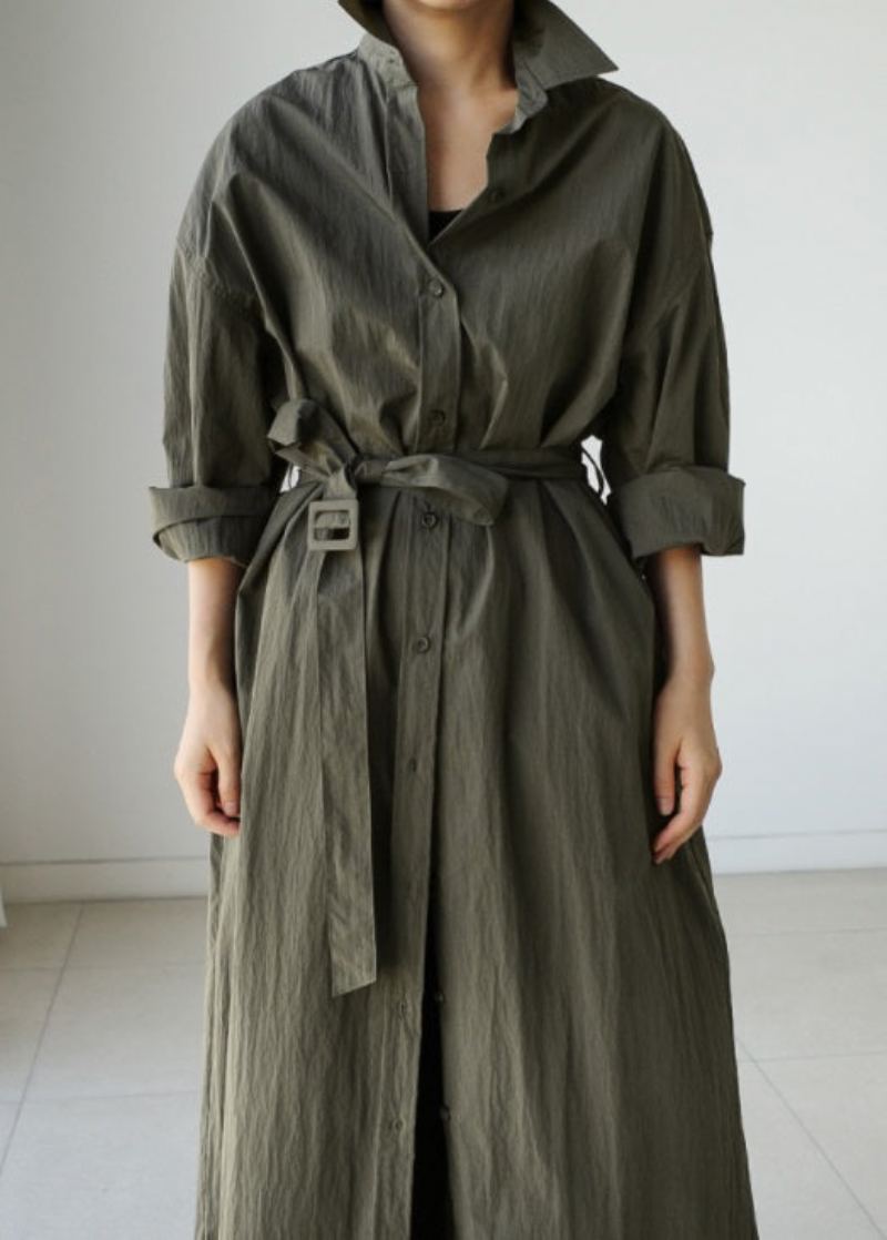 Style Armée Vert Col Claudine Coton Cravate Taille Longue Trench Manteau Printemps - Trenchs femmes