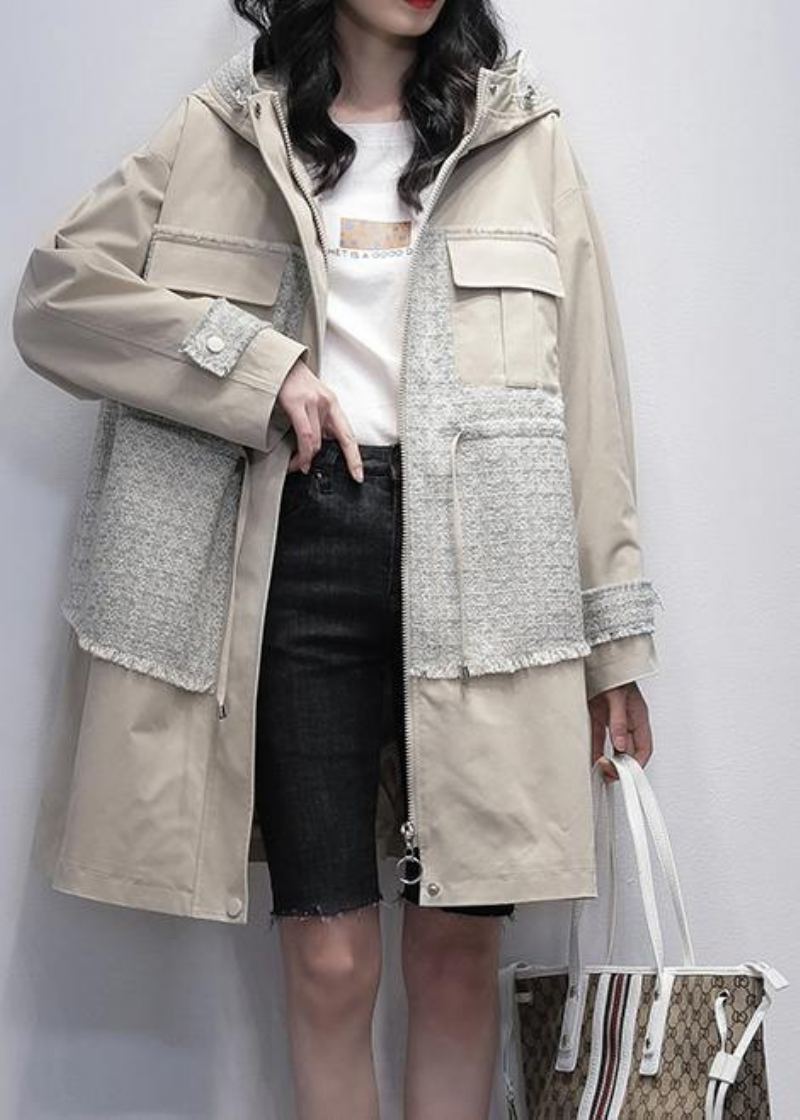 Style Beige Clair Trench Fin Travail À Capuche Patchwork Outwear