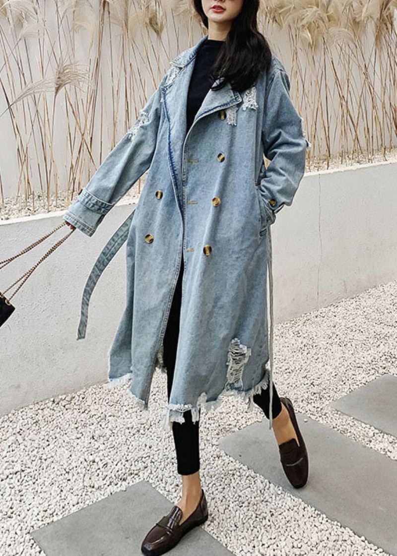 Style Bleu Col Claudine Poches Cravate Taille Patchwork Denim Manteau Automne