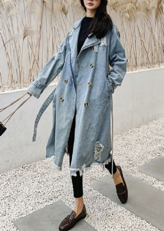 Style Bleu Col Claudine Poches Cravate Taille Patchwork Denim Manteau Automne