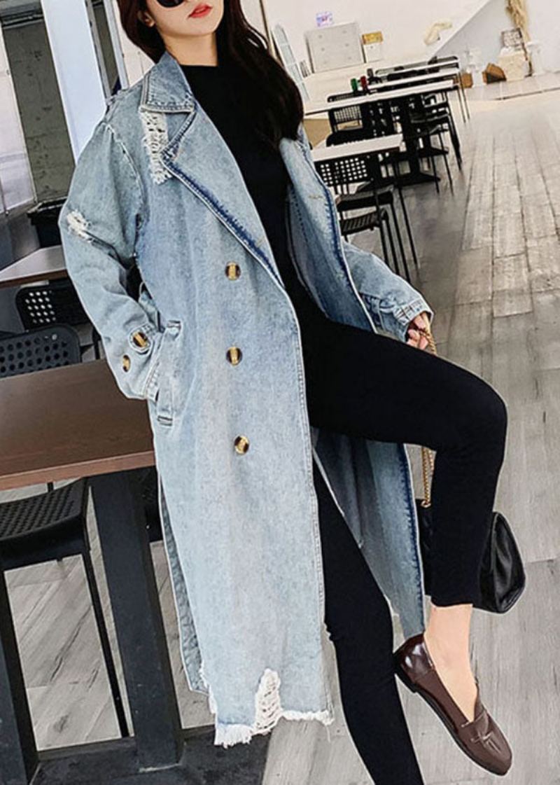 Style Bleu Col Claudine Poches Cravate Taille Patchwork Denim Manteau Automne - Trenchs femmes