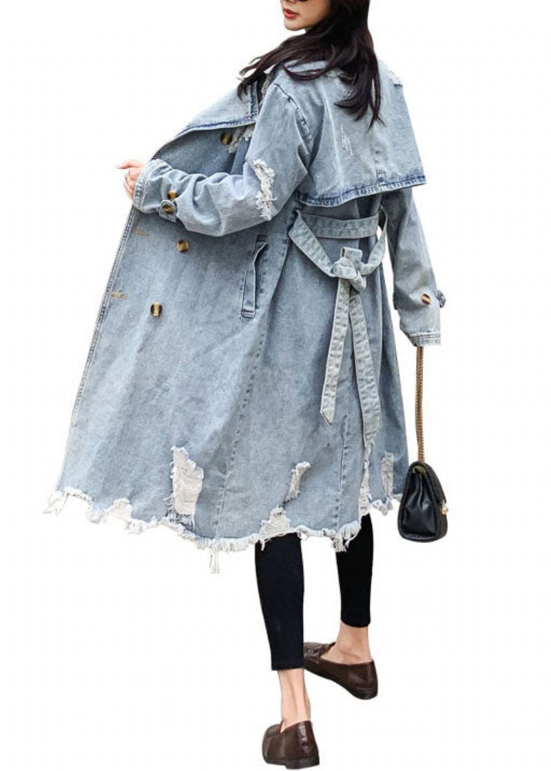 Style Bleu Col Claudine Poches Cravate Taille Patchwork Denim Manteau Automne - Trenchs femmes