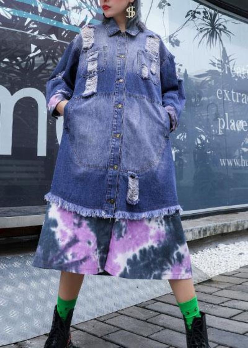 Style Denim Bleu Patchwork Tuniques Fines Pour Femmes Tissus Vestes D'automne Déchirées - Trenchs femmes