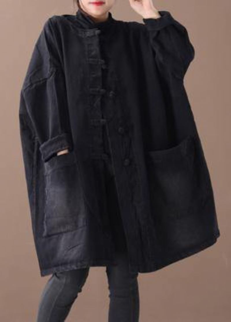 Style Denim Noir Vêtements Fins Pour Femmes Col Rond Bouton Chinois D'extérieur