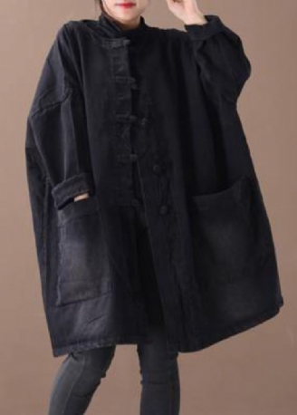 Style Denim Noir Vêtements Fins Pour Femmes Col Rond Bouton Chinois D'extérieur