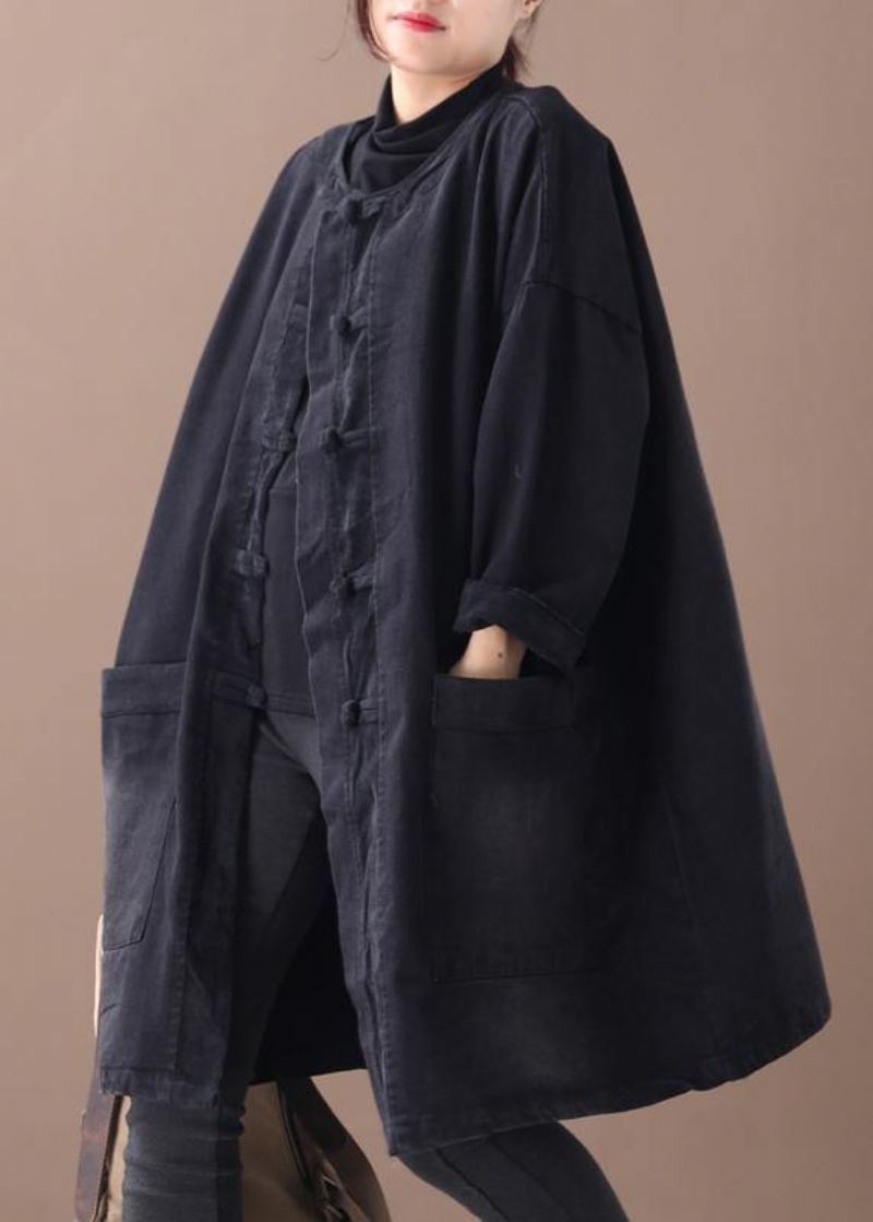 Style Denim Noir Vêtements Fins Pour Femmes Col Rond Bouton Chinois D'extérieur - Noir