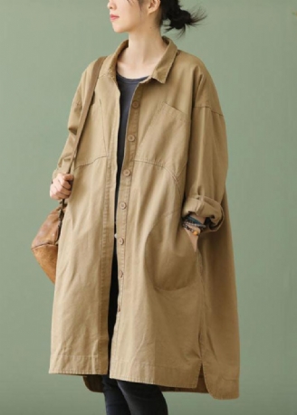 Style Kaki Col Claudine Poches Bouton Bas Haut Design Automne Manches Longues Trench Coat