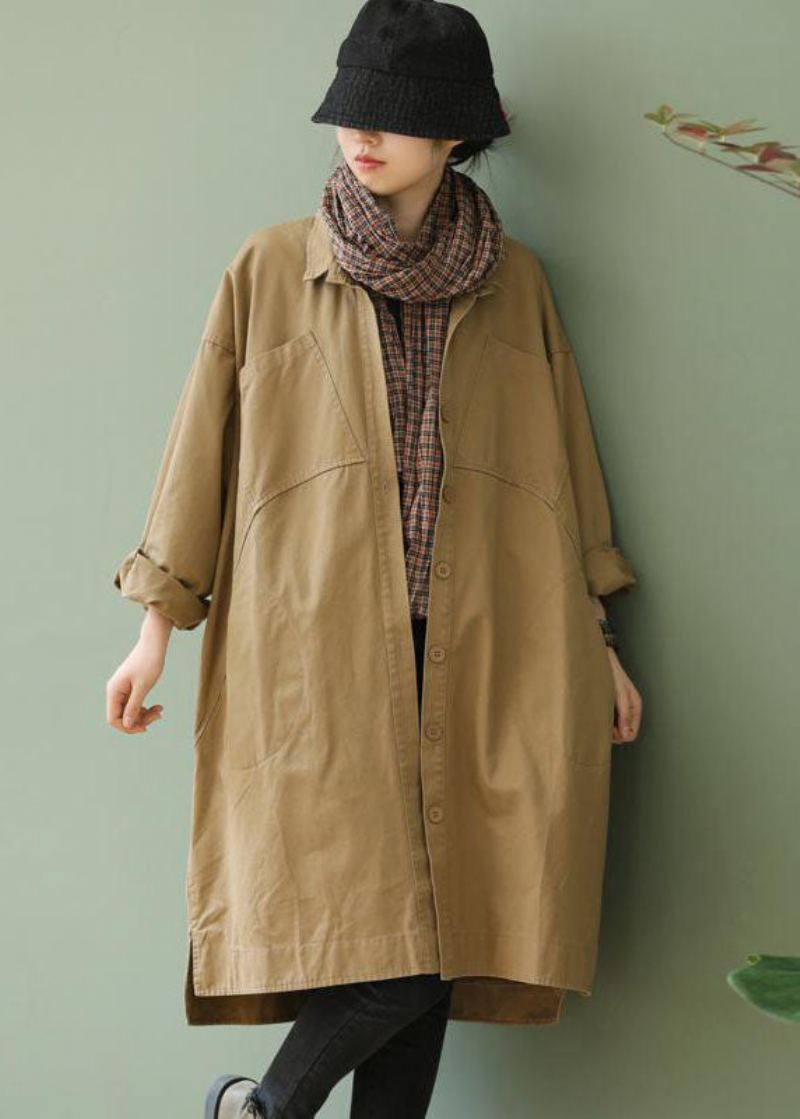 Style Kaki Col Claudine Poches Bouton Bas Haut Design Automne Manches Longues Trench Coat - Trenchs femmes