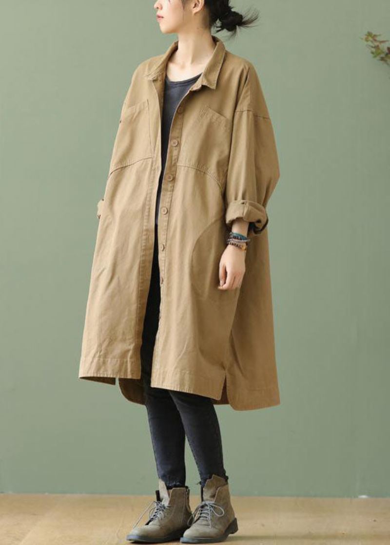 Style Kaki Col Claudine Poches Bouton Bas Haut Design Automne Manches Longues Trench Coat - Trenchs femmes