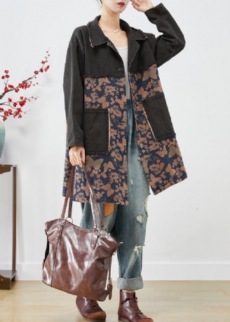 Style Noir Surdimensionné Patchwork Poches Imprimé Denim Trench Automne