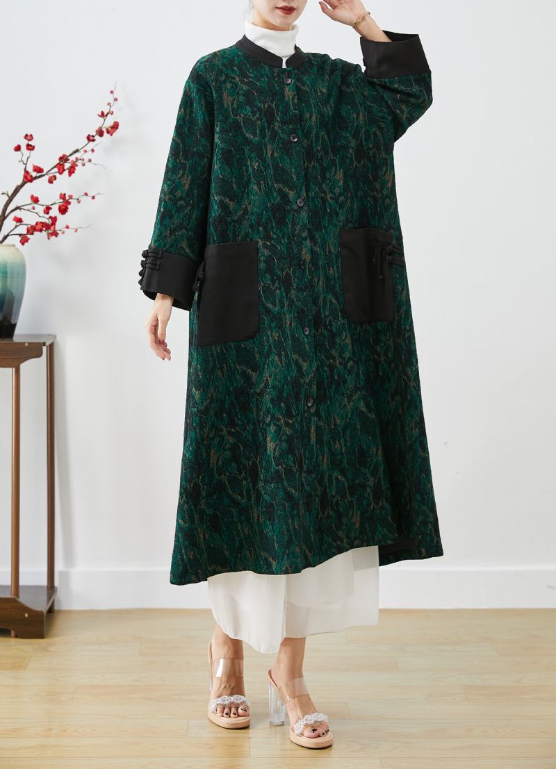 Style Noirâtre Vert Cravate Colorant Patchwork Bouton Chinois Vison Velours Trench Automne - Trenchs femmes