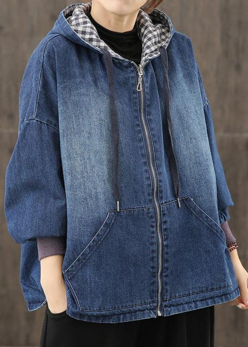 Style Poches À Capuche Vêtements Pour Femmes Photographie Blouses Bleu Denim - Trenchs femmes