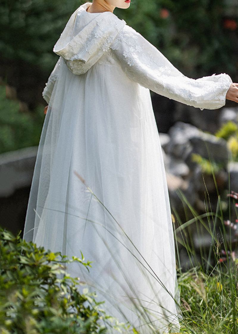 Trench À Capuche En Tulle Brodé Blanc Naturel Automne - Trenchs femmes