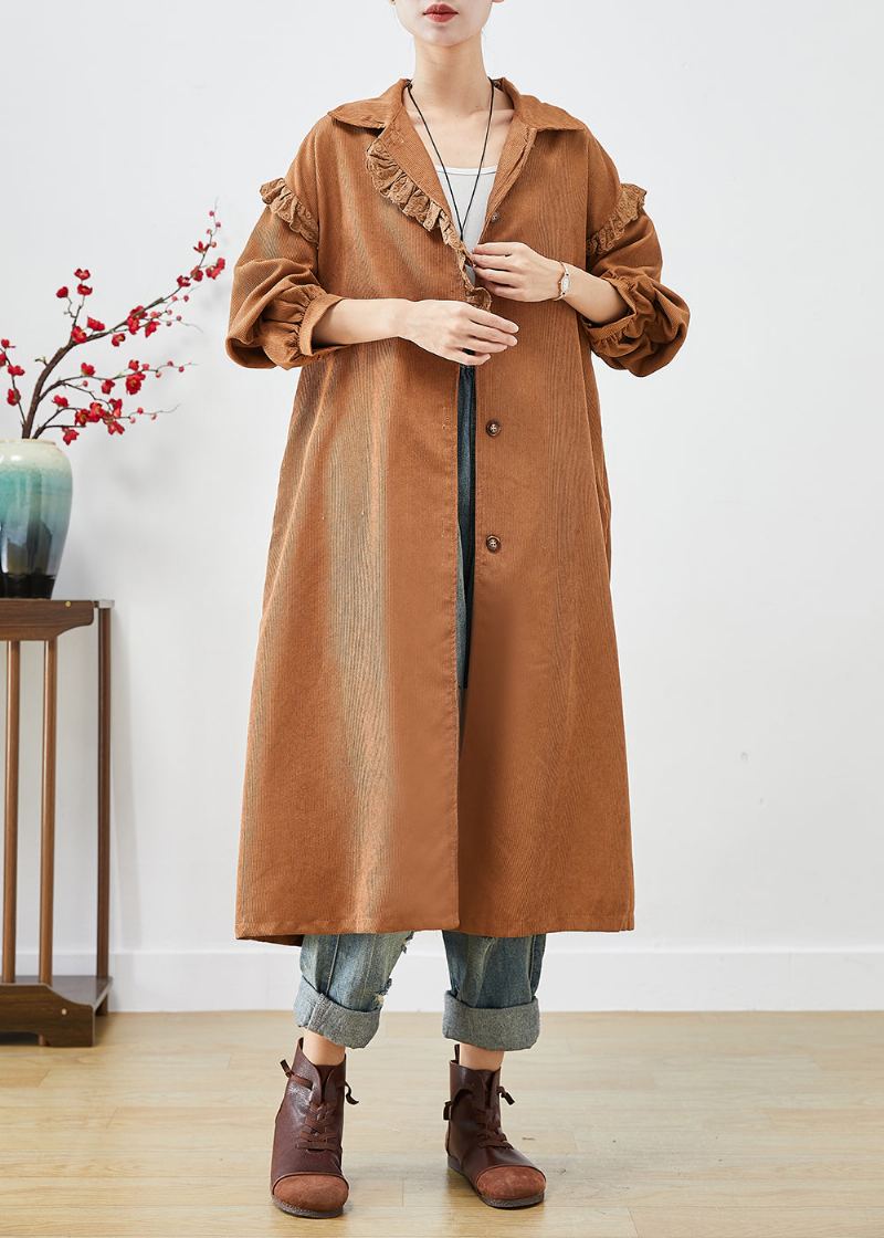 Trench-coat Asymétrique En Velours Côtelé À Volants Art Kaki Automne - Trenchs femmes