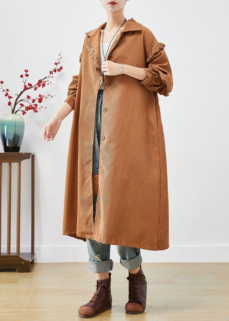 Trench-coat Asymétrique En Velours Côtelé À Volants Art Kaki Automne - Trenchs femmes