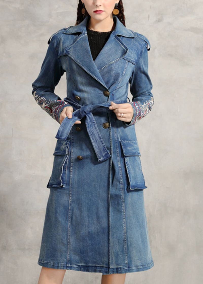 Trench-coat Bleu Simple Avec Col Peter Pan Et Poches Brodées Ceintures À Double Poitrine En Coton Et En Denim Printemps - Trenchs femmes