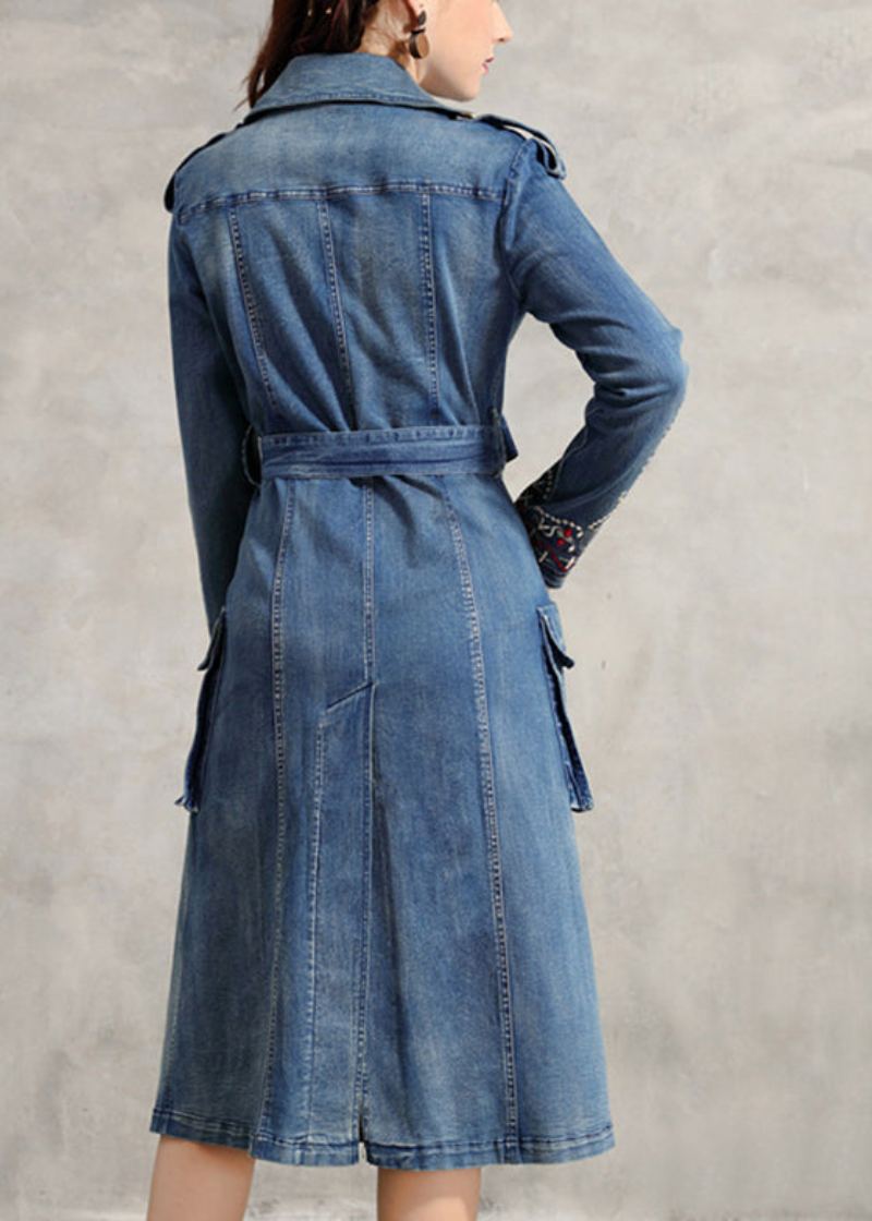 Trench-coat Bleu Simple Avec Col Peter Pan Et Poches Brodées Ceintures À Double Poitrine En Coton Et En Denim Printemps - Trenchs femmes