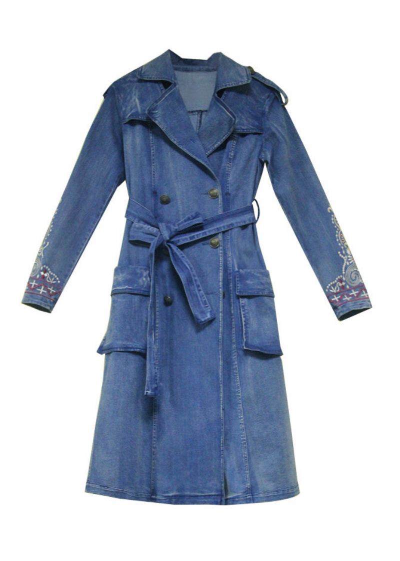 Trench-coat Bleu Simple Avec Col Peter Pan Et Poches Brodées Ceintures À Double Poitrine En Coton Et En Denim Printemps - Trenchs femmes