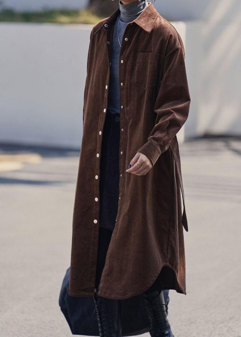 Trench-coat Boutonné À Revers Fait Main Manteau Midi Chocolat