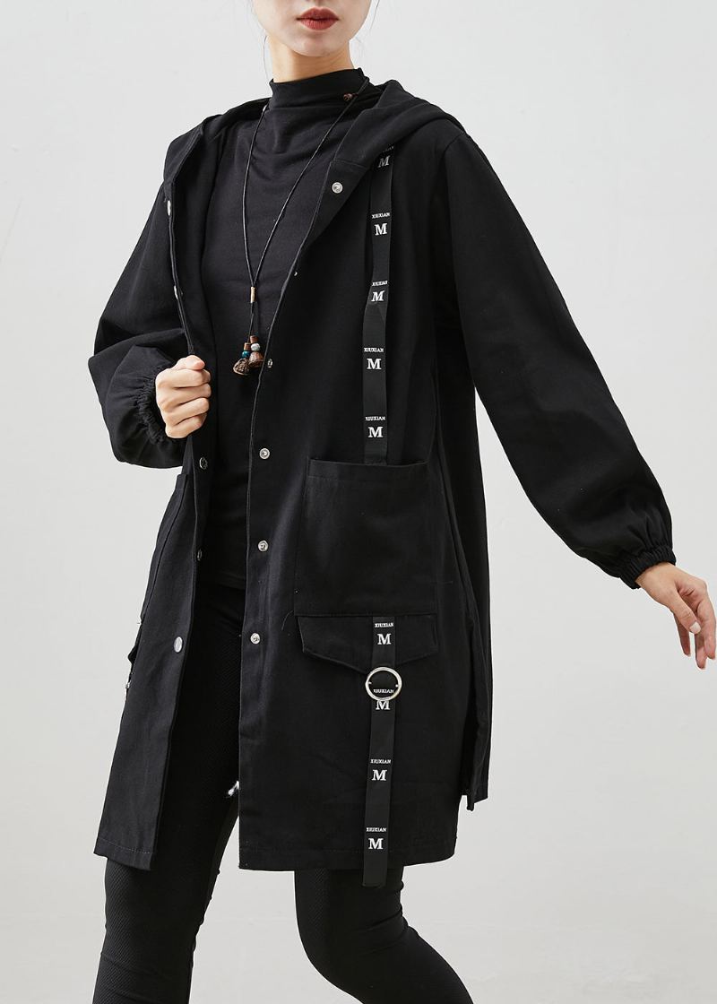 Trench-coat À Capuche En Coton Patchwork Noir Surdimensionné Automne