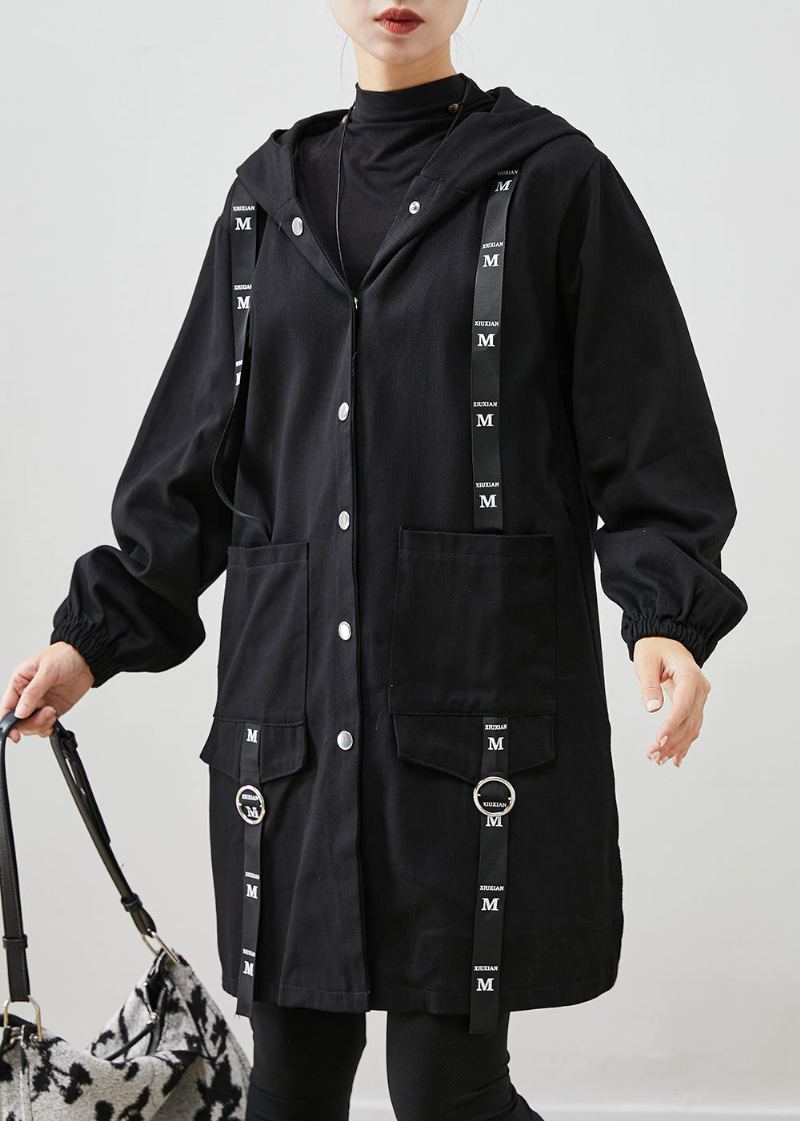 Trench-coat À Capuche En Coton Patchwork Noir Surdimensionné Automne - Trenchs femmes