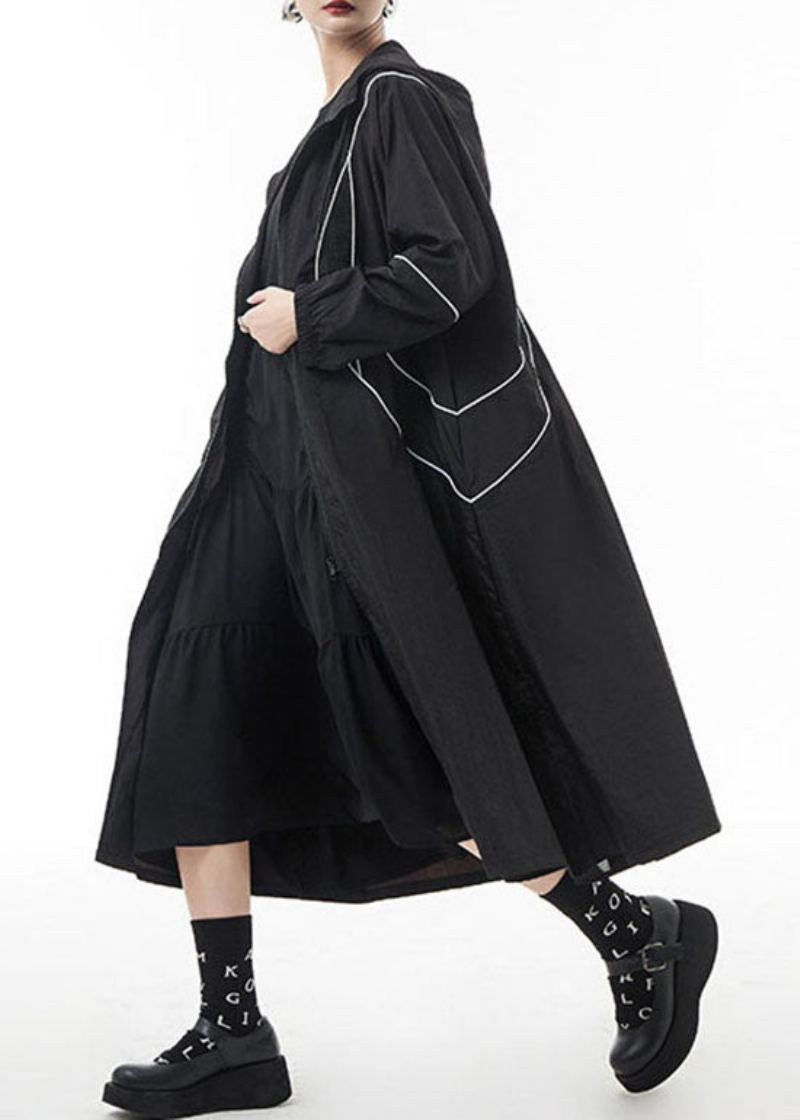 Trench-coat À Capuche Noir Avec Cordon De Serrage Et Fermeture Éclair Manteau Français Printemps - Trenchs femmes