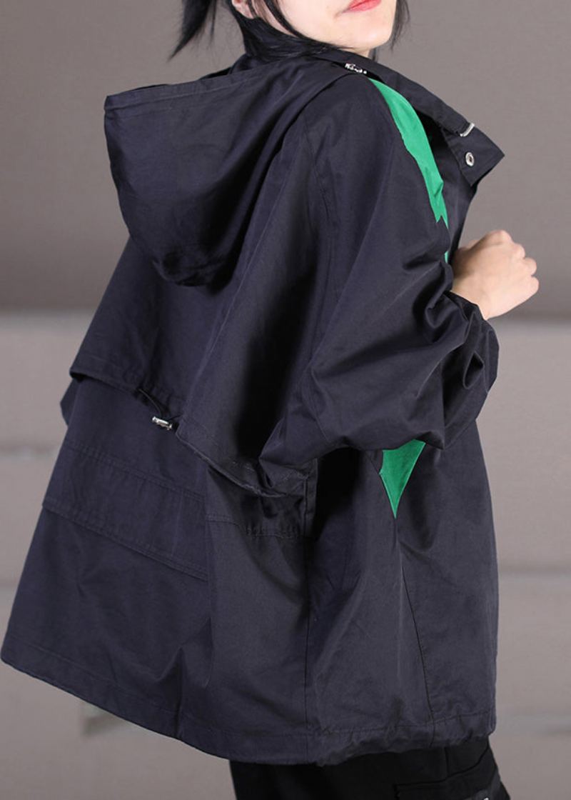 Trench-coat À Capuche Noir Élégant Avec Cordon De Serrage Et Bouton Zippé Automne - Trenchs femmes