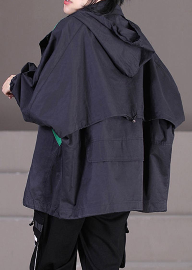 Trench-coat À Capuche Noir Élégant Avec Cordon De Serrage Et Bouton Zippé Automne - Trenchs femmes