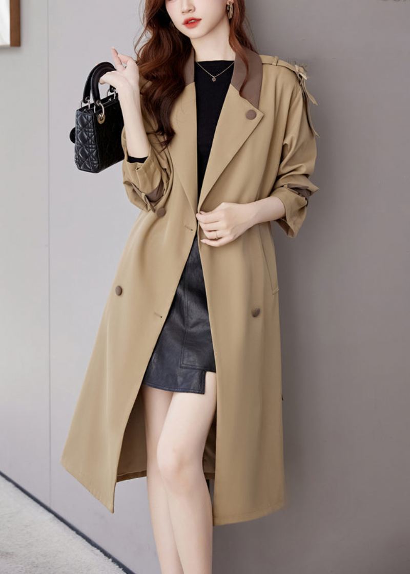 Trench-coat En Coton Avec Poches Kaki Patchwork Manches Longues Crantées - Trenchs femmes