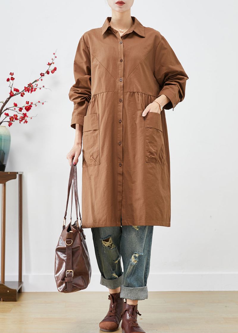 Trench-coat En Coton Avec Poches Patchwork Surdimensionnées Café Biologique Automne - Trenchs femmes