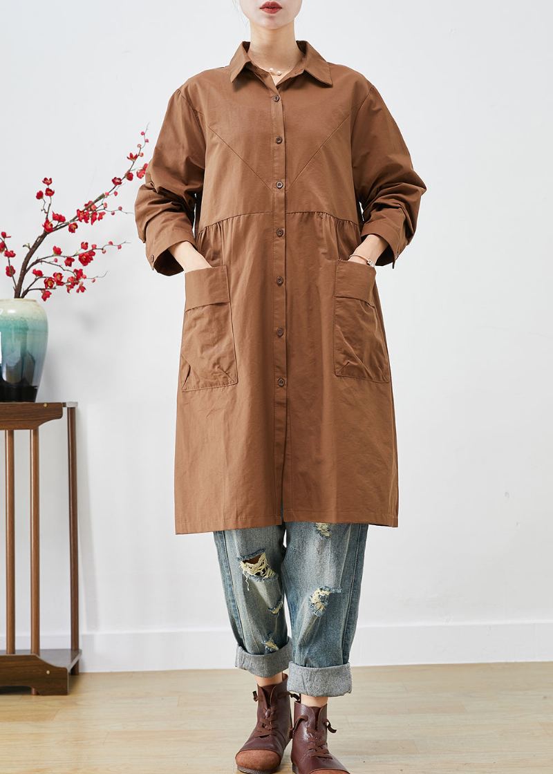 Trench-coat En Coton Avec Poches Patchwork Surdimensionnées Café Biologique Automne - Trenchs femmes