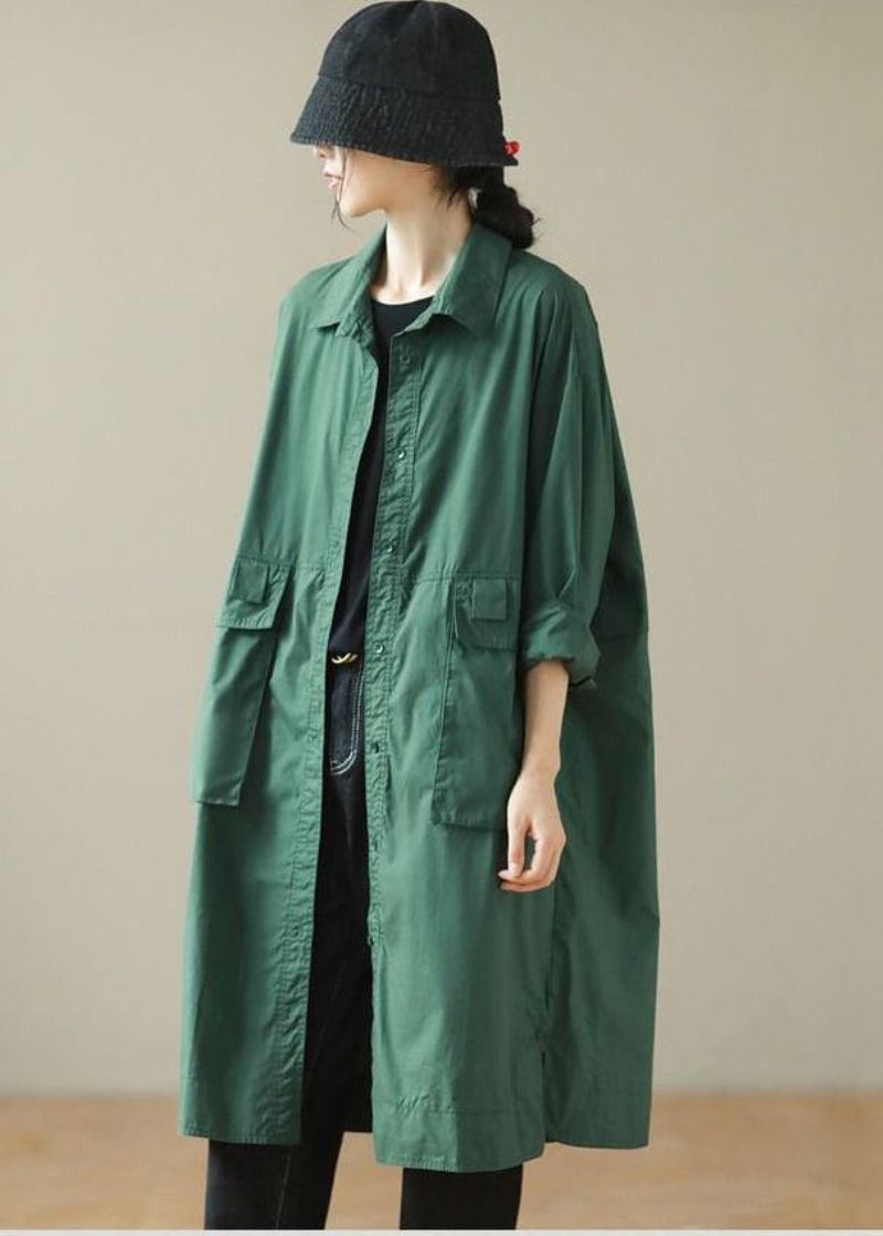 Trench-coat En Coton Avec Poches Surdimensionnées Vert Noirâtre Diy Automne - Trenchs femmes