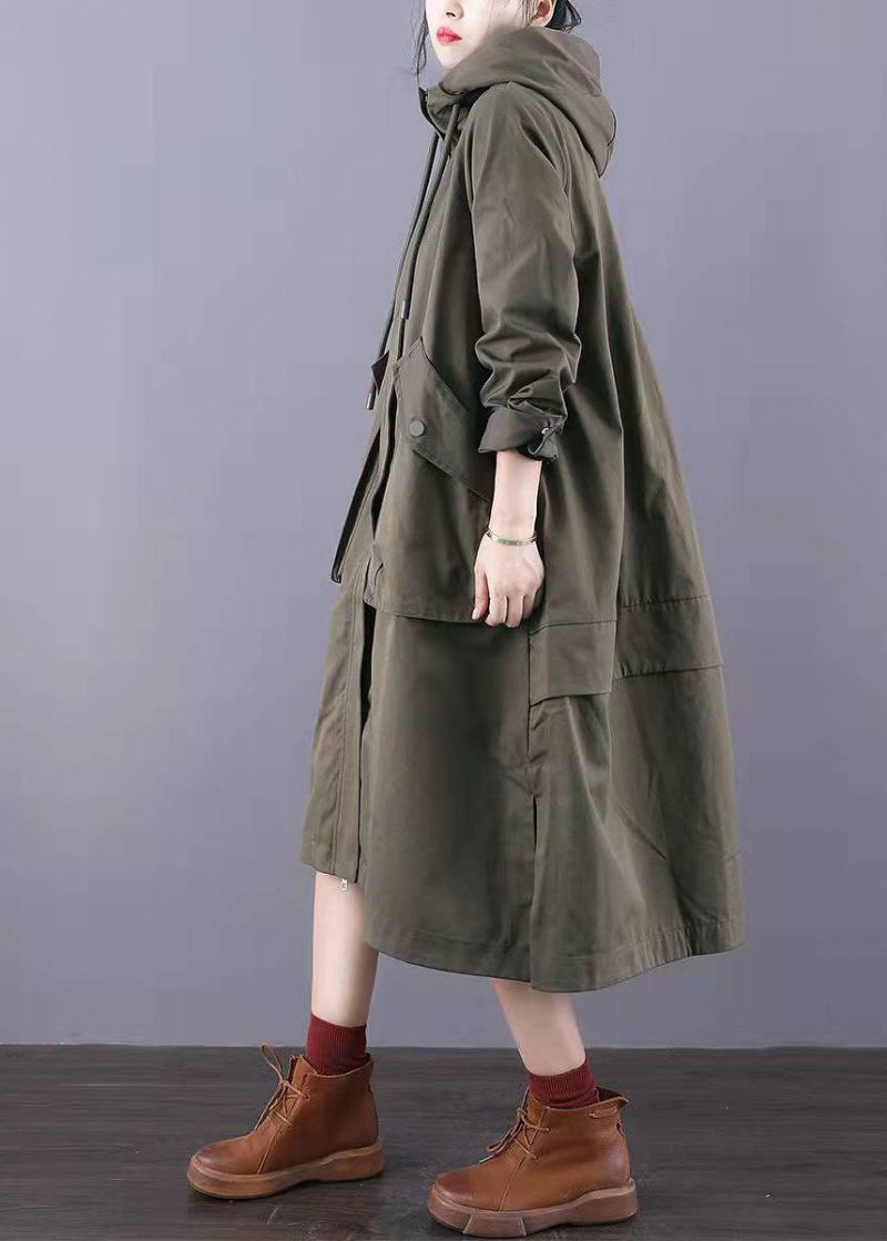 Trench-coat En Coton Avec Poches Zippées Vert Armée Ajusté Printemps - Vert Armée