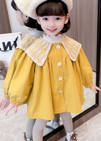 Trench-coat En Coton Pour Bébés Filles Bouton Jaune Unique Froissé Patchwork Automne