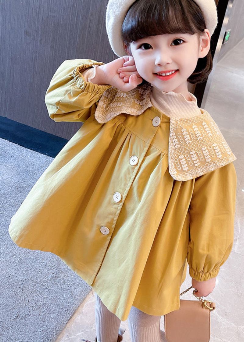 Trench-coat En Coton Pour Bébés Filles Bouton Jaune Unique Froissé Patchwork Automne - Trenchs femmes