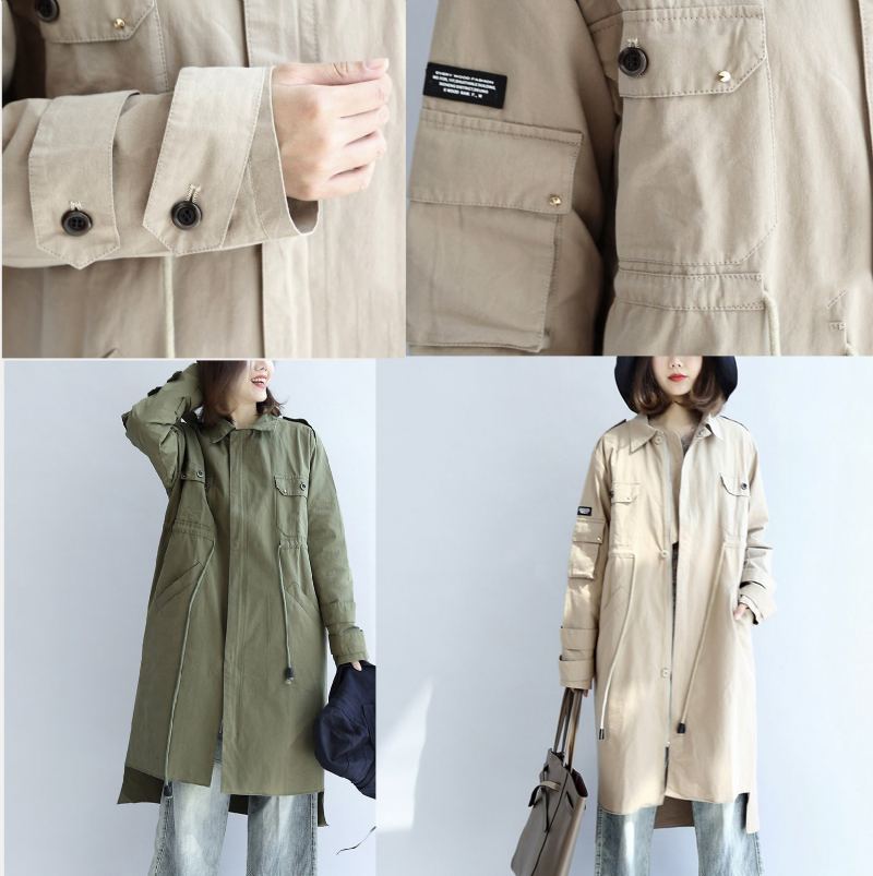 Trench-coat En Coton Beige Noué À La Taille Poches Amples Parka À Revers Automne - Vert