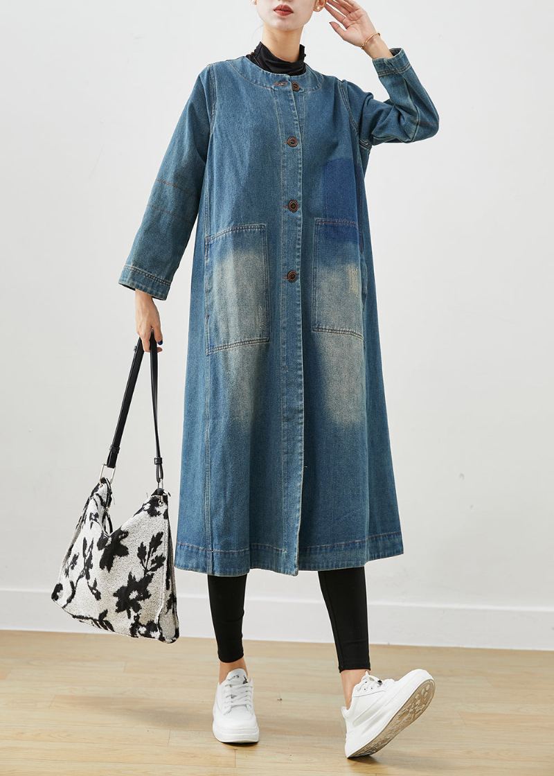 Trench-coat En Coton Bleu Denim Avec Poches À Col Rond Diy Automne - Trenchs femmes