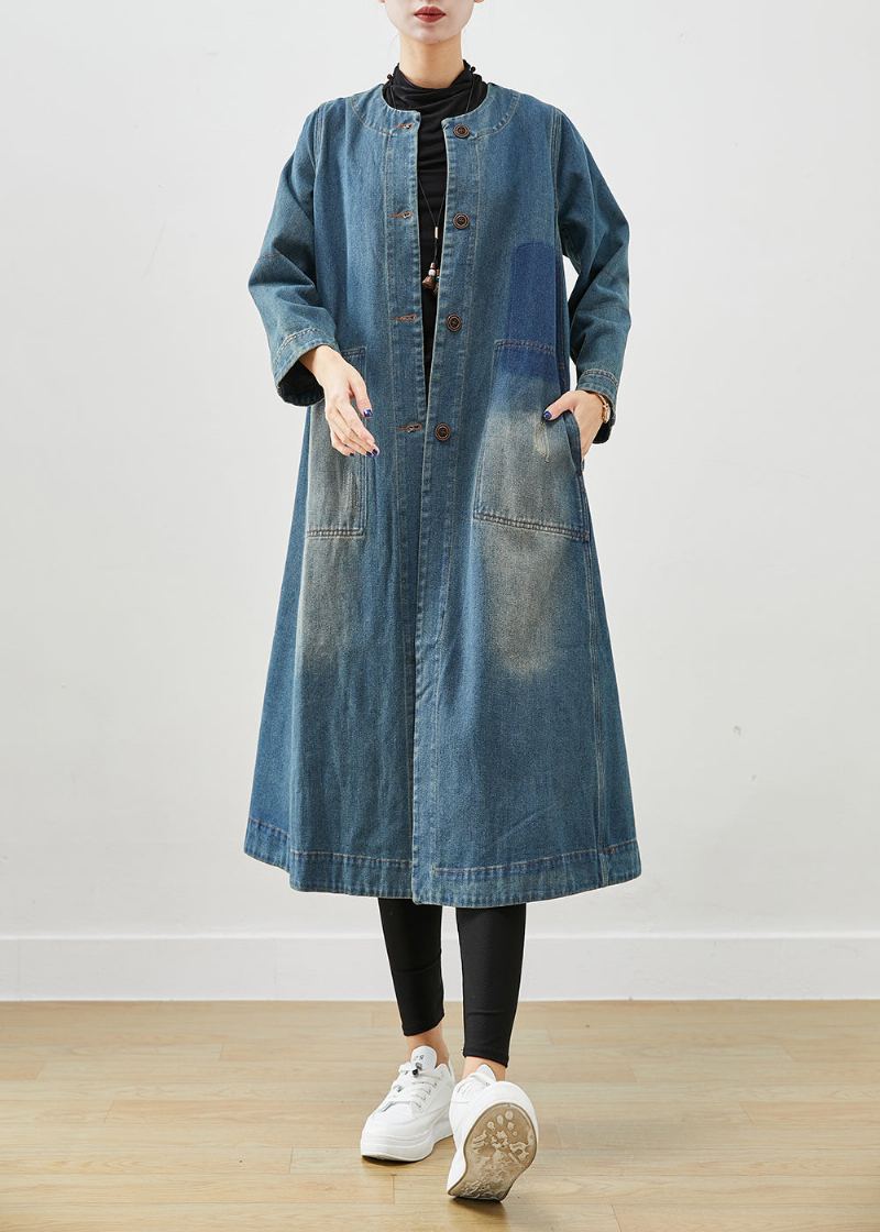 Trench-coat En Coton Bleu Denim Avec Poches À Col Rond Diy Automne - Trenchs femmes