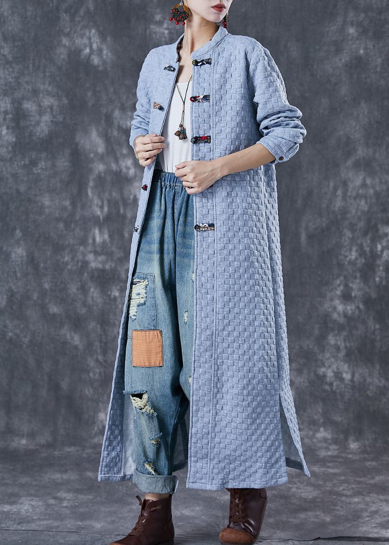 Trench-coat En Coton À Boutons Chinois Grande Taille Bleu Gris Automne - Trenchs femmes