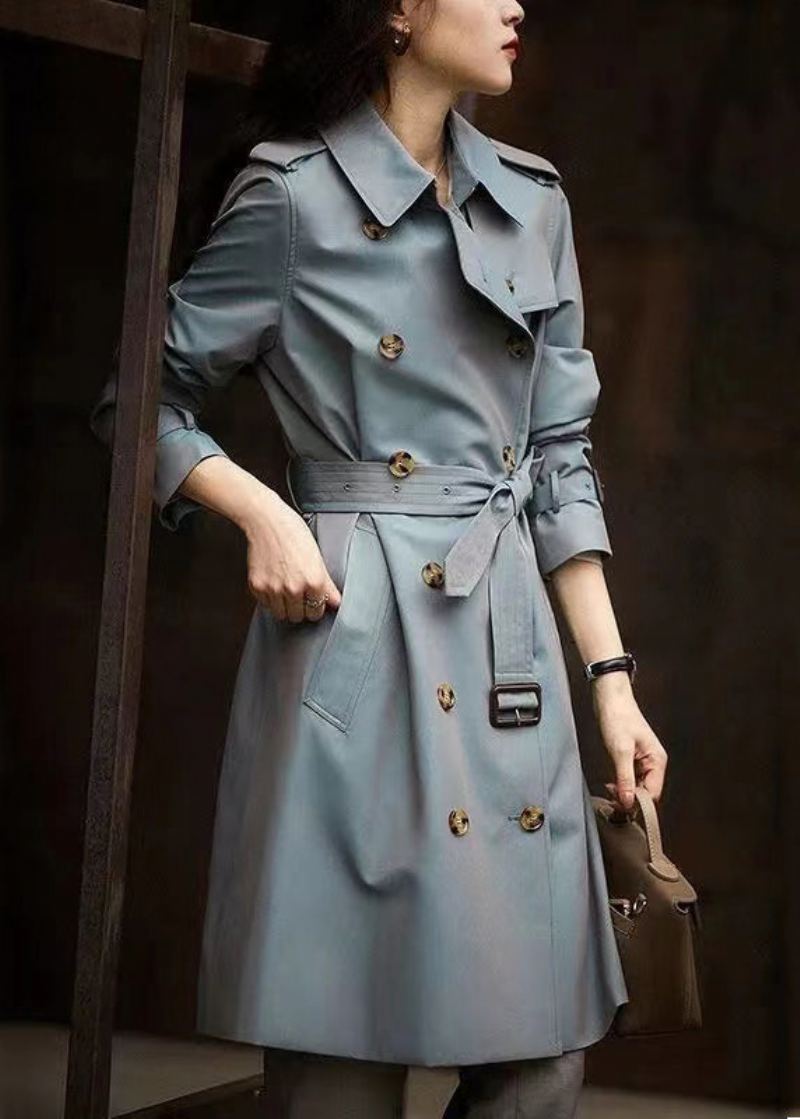 Trench-coat En Coton Italien Gris Bleu Bouton Cravate Poches À La Taille Automne