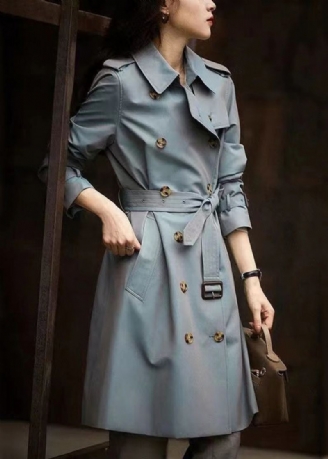 Trench-coat En Coton Italien Gris Bleu Bouton Cravate Poches À La Taille Automne