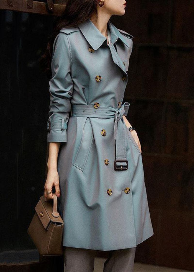 Trench-coat En Coton Italien Gris Bleu Bouton Cravate Poches À La Taille Automne - Trenchs femmes