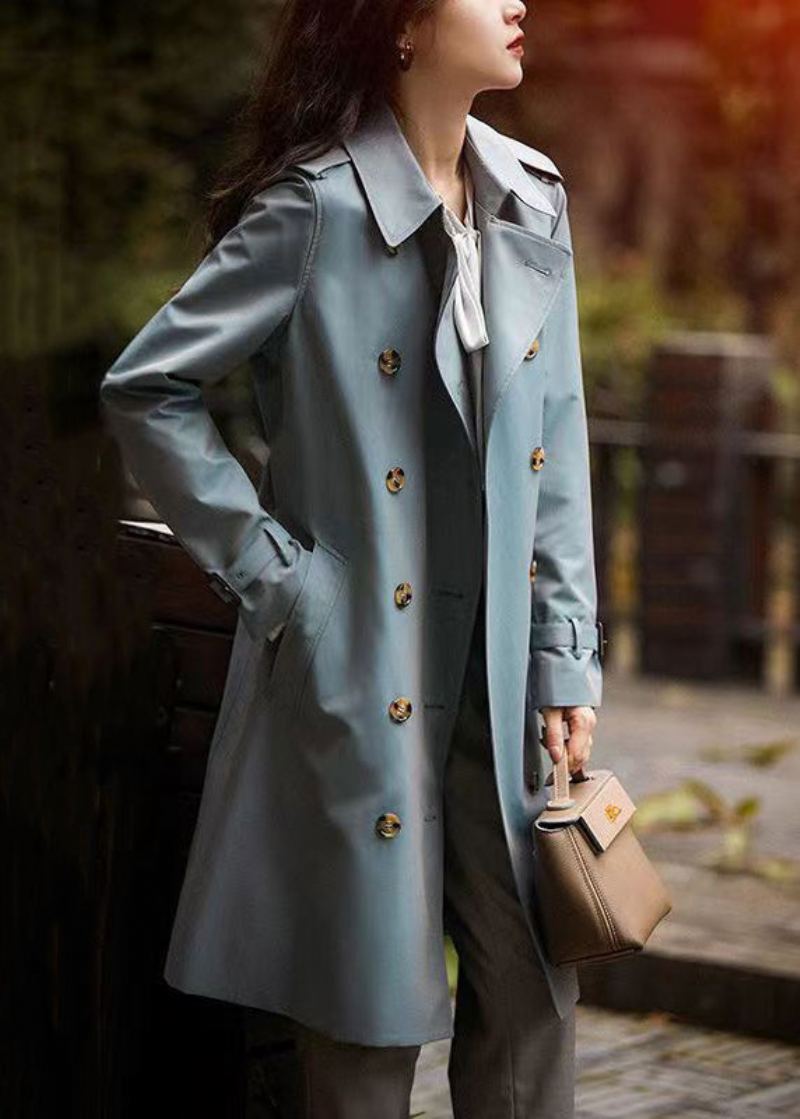 Trench-coat En Coton Italien Gris Bleu Bouton Cravate Poches À La Taille Automne - Trenchs femmes