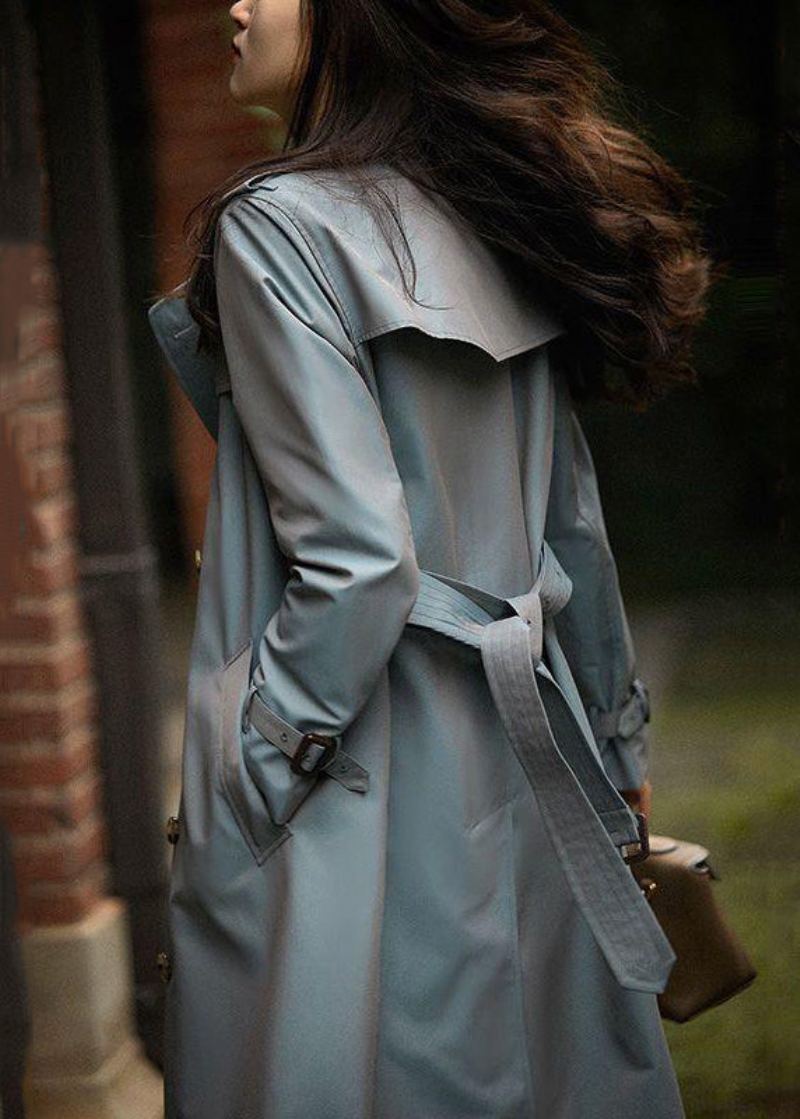 Trench-coat En Coton Italien Gris Bleu Bouton Cravate Poches À La Taille Automne - Trenchs femmes