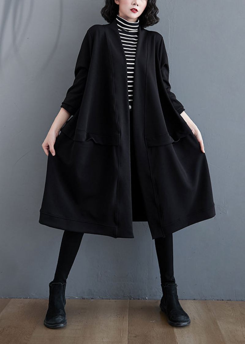 Trench-coat En Coton Noir Avec Poches Et Col En V Grande Taille Automne - Trenchs femmes