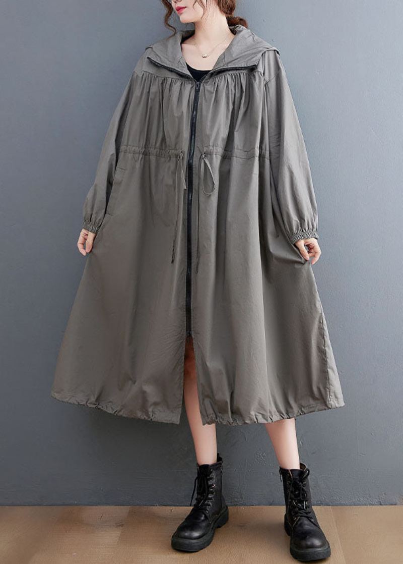 Trench-coat En Coton Surdimensionné Gris À Capuche Avec Cordon De Serrage Printemps - Trenchs femmes